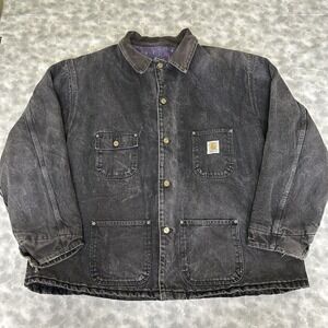 Vintage Carhartt Black Chore Barn Coat Roomy 2XL Aztec Blanket Lined USA Warm